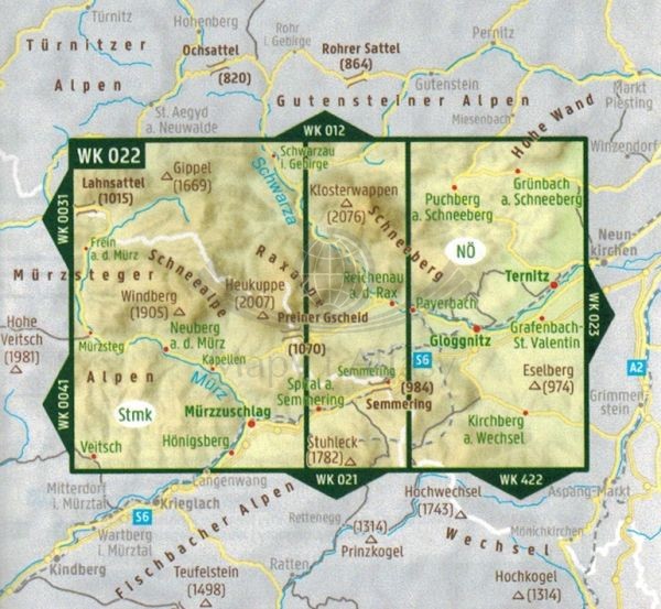 Schneeberg - Rax, Wander-, Rad- und Freizeitkarte. Wodoodporna mapa turystyczna WK 022 wydawnictwa Freytag & Berndt. Zasięg