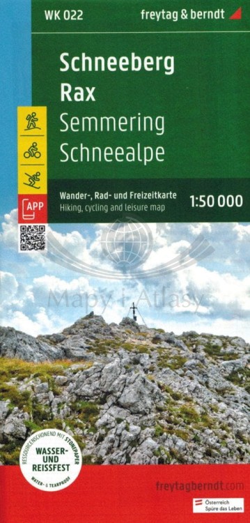 Schneeberg - Rax, Wander-, Rad- und Freizeitkarte. Wodoodporna mapa turystyczna WK 022 wydawnictwa Freytag & Berndt. Okładka