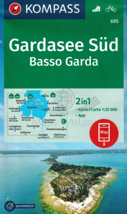 Jezioro Garda, część południowa / Gardasee Sud, Basso Garda. Wodoodporna mapa turystyczna 695 wydawnictwa Kompass. Okładka
