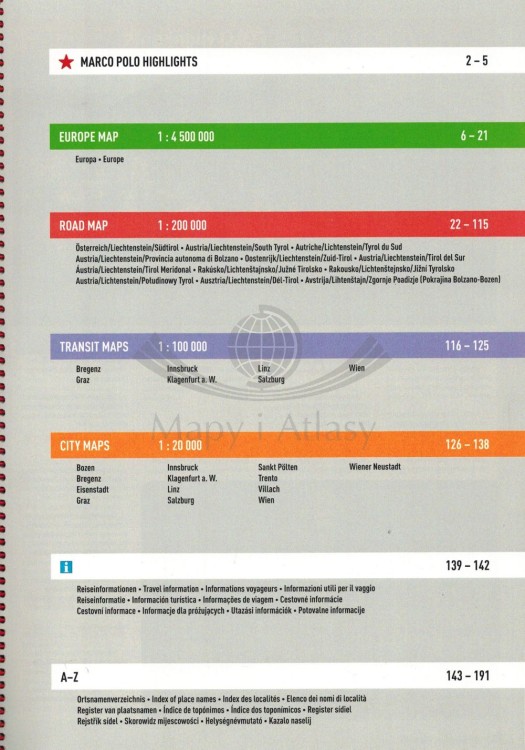 Austria, Liechtenstein, południowy Tyrol. Atlas samochodowy wydawnictwa Marco Polo. Spis treści