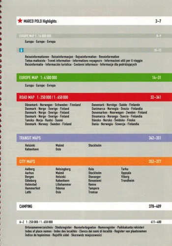 Skandynawia 1:250 000 - 1:650 000. Atlas samochodowy wydawnictwa Marco Polo. Spis treści