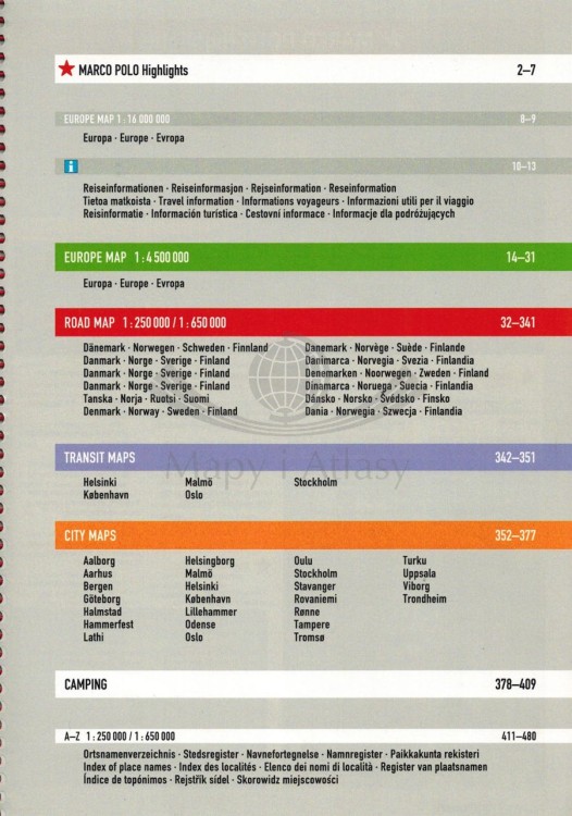 Skandynawia 1:250 000 - 1:650 000. Atlas samochodowy wydawnictwa Marco Polo. Spis treści
