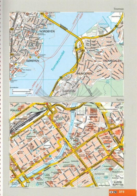 Skandynawia 1:250 000 - 1:650 000. Atlas samochodowy wydawnictwa Marco Polo. Przykładowy arkusz - palny miast