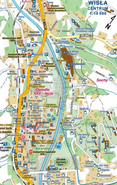 Beskid Śląski i pasmo Wielkiej Raczy 1:50 000. Laminowana mapa turystyczna wydawnictwa Compass. Plan miasta - fragment