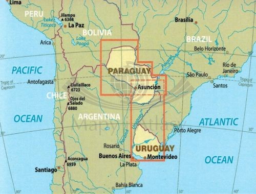 Urugwaj i Paragwaj. Wodoodporna mapa samochodowa wydawnictwa Reise Know-How. Zasięg