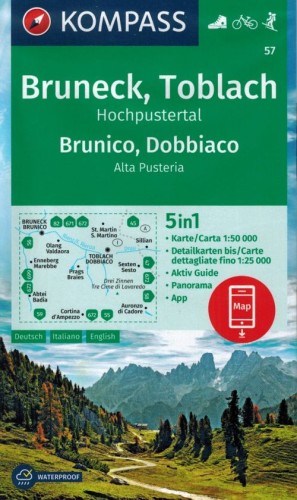 Bruneck, Toblach, Hochpustertal / Brunico, Dobbiaco, Alta Pusteria, Cortina d'Ampezzo. Wodoodporna mapa turystyczna 57. wydawnictwa Kompass. Okładka