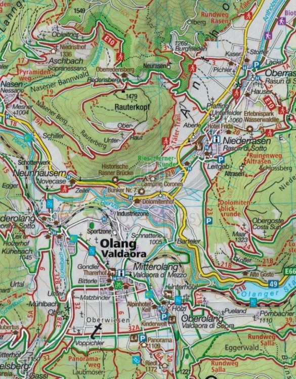 Bruneck, Toblach, Hochpustertal / Brunico, Dobbiaco, Alta Pusteria, Cortina d'Ampezzo. Wodoodporna mapa turystyczna 57. wydawnictwa Kompass. Fragment 1