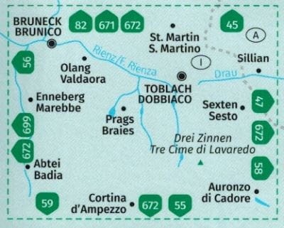 Bruneck, Toblach, Hochpustertal / Brunico, Dobbiaco, Alta Pusteria, Cortina d'Ampezzo. Wodoodporna mapa turystyczna 57. wydawnictwa Kompass. Zasięg