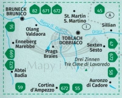 Bruneck, Toblach, Hochpustertal / Brunico, Dobbiaco, Alta Pusteria, Cortina d'Ampezzo. Wodoodporna mapa turystyczna 57. wydawnictwa Kompass. Zasięg