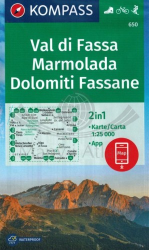Val di Fassa, Marmolada, Dolomiti Fassane. Wodoodporna mapa turystyczna 650 wydawnictwa Kompass. Okładka