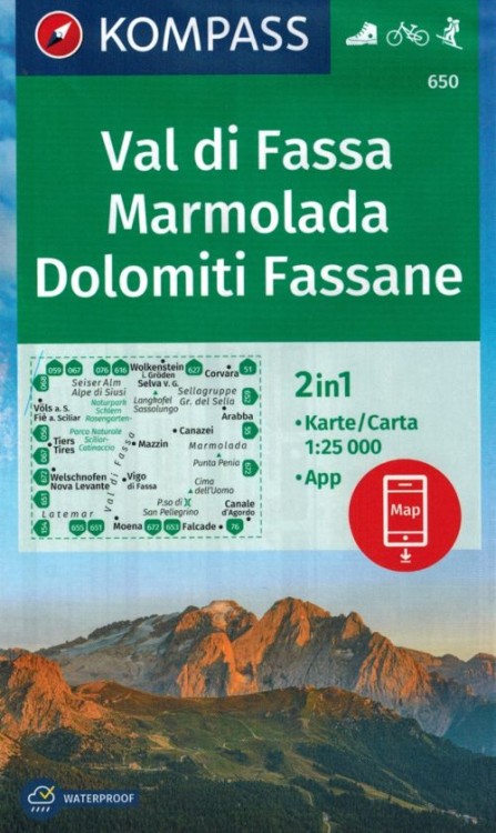 Val di Fassa, Marmolada, Dolomiti Fassane. Wodoodporna mapa turystyczna 650 wydawnictwa Kompass. Okładka