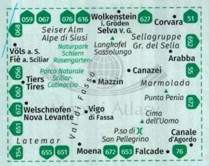 Val di Fassa, Marmolada, Dolomiti Fassane. Wodoodporna mapa turystyczna 650 wydawnictwa Kompass. Zasięg