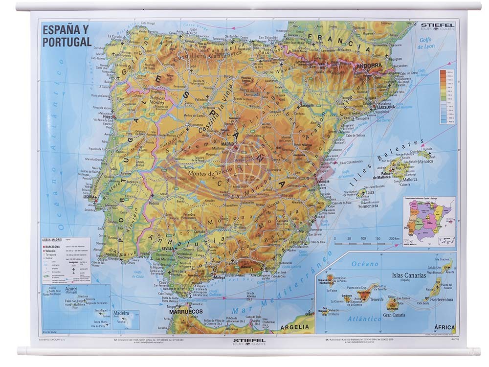 Hiszpania i Portugalia. Mapa ścienna fizyczna. Drewniane półwałki. Stiefel