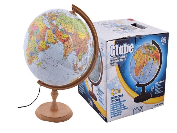 Globus polityczno-fizyczny 32 cm. Podświetlany. Wersja angielska. Drewniana podstawa. Globus i karton