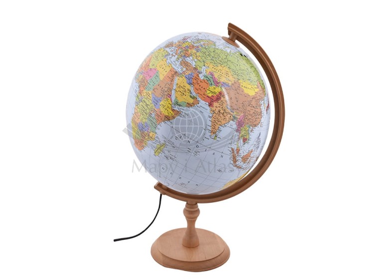 Globus polityczno-fizyczny 32 cm. Podświetlany. Wersja angielska. Drewniana podstawa