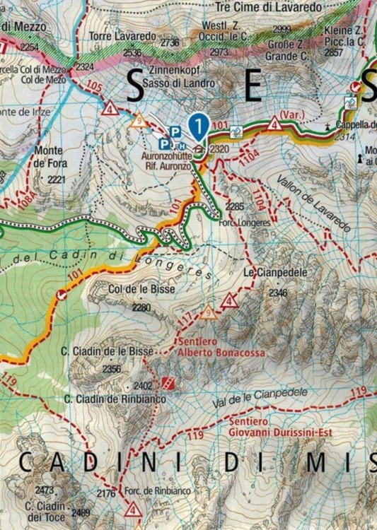 Naturpark Drei Zinnen / Tre Cime di Lavaredo. Mapa turystyczna 047 wydawnictwa Kompass. Fragment 1