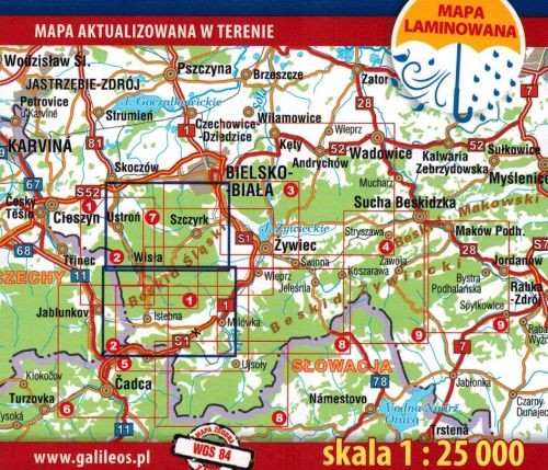 Beskid Śląski 1:25 000. Laminowana mapa turystyczna wydawnictwa Galileos. Zasięg
