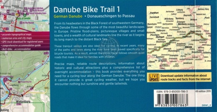 Danaube Bike Trail 1. Dunaj od Donaueschingen do Passau. Atlas rowerowy wydawnictwa Verlag Esterbauer. Okładka - tył