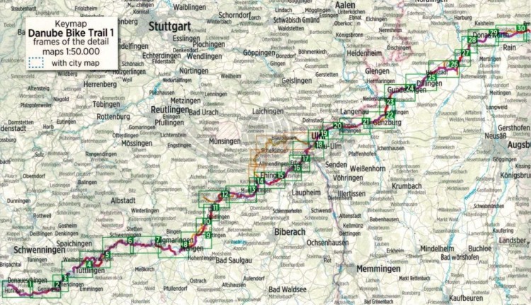 Danaube Bike Trail 1. Dunaj od Donaueschingen do Passau. Atlas rowerowy wydawnictwa Verlag Esterbauer.  Zasięg 1