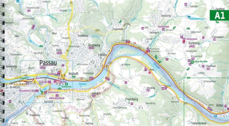 Danaube Bike Trail 2. Dunaj od Passau do Wiednia. Atlas rowerowy wydawnictwa Verlag Esterbauer. Przykładowe strony 1