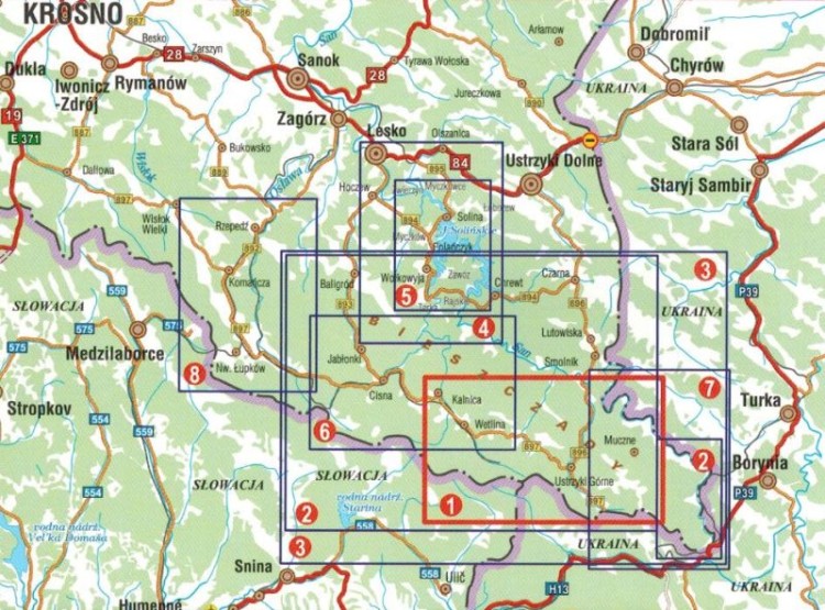 Bieszczady - połoniny 1:25 000. Wodoodporna mapa turystyczna wydawnictwa Galileos. Zasięg