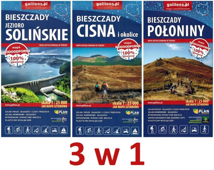 Bieszczady 1:25 000. Zestaw trzech wodoodpornych map turystycznych wydawnictwa Galileos