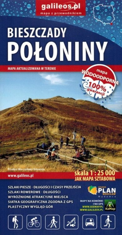 Bieszczady - połoniny 1:25 000. Wodoodporna mapa turystyczna wydawnictwa Galileos. Okładka