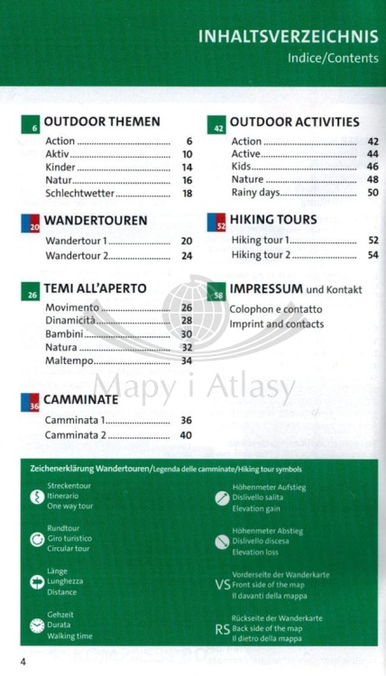Passeiertal Val Passiria. Wodoodporna mapa turystyczna 044 wydawnictwa Kompass. Informator - spis treści