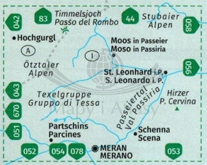 Passeiertal Val Passiria. Wodoodporna mapa turystyczna 044 wydawnictwa Kompass. Zasięg