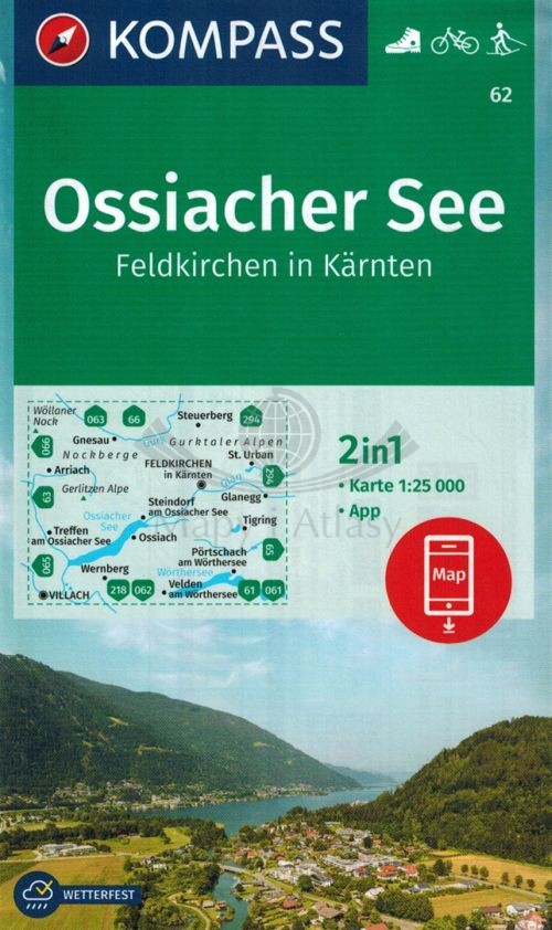 Ossiacher See, Feldkirchen in Karnten. Wodoodporna mapa turystyczna 62. Kompass