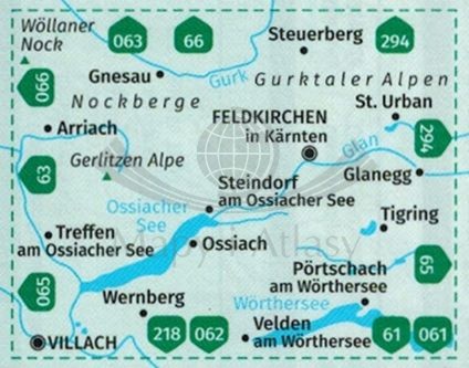 Ossiacher See, Feldkirchen in Karnten. Wodoodporna mapa turystyczna 62 wydawnictwa Kompass. Zasięg