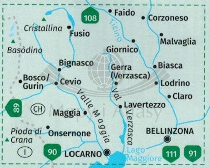 Valle Maggia Val Verzasca. Wodoodporna mapa turystyczna 110 wydawnictwa Kompass. Zasięg