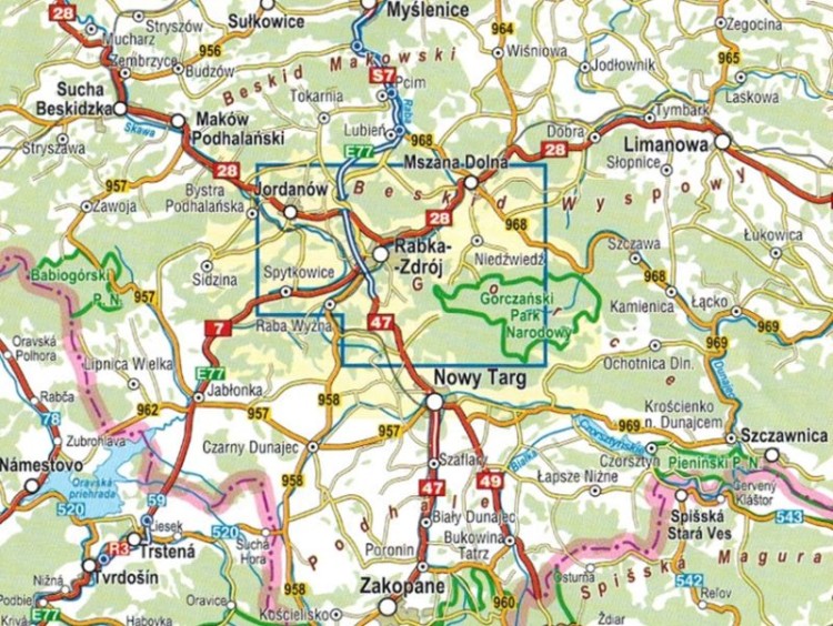 Rabka-Zdrój i okolice. Mapa turystyczna wydawnictwa Compass. Zasięg