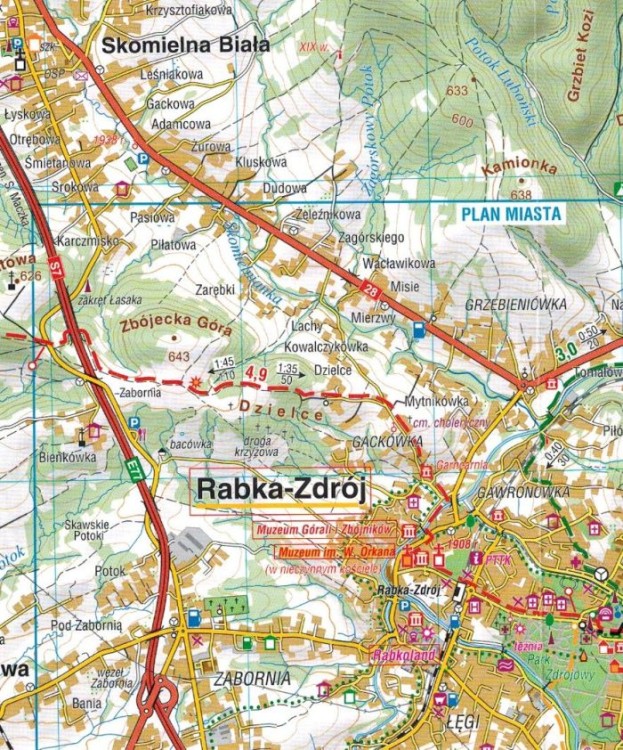 Rabka-Zdrój i okolice. Laminowana mapa turystyczna wydawnictwa Compass. Fragment 1