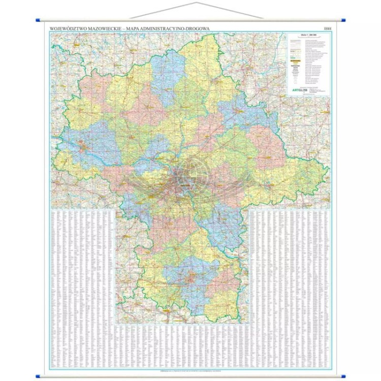 Województwo mazowieckie. Mapa ścienna administracyjno-drogowa wydawnictwa ArtGlob. Cała mapa