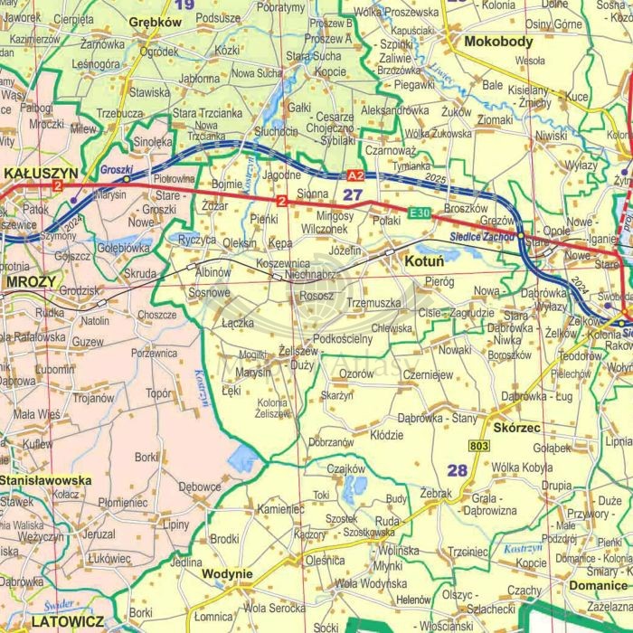 Województwo mazowieckie. Mapa ścienna administracyjno-drogowa wydawnictwa ArtGlob. Fragment 3