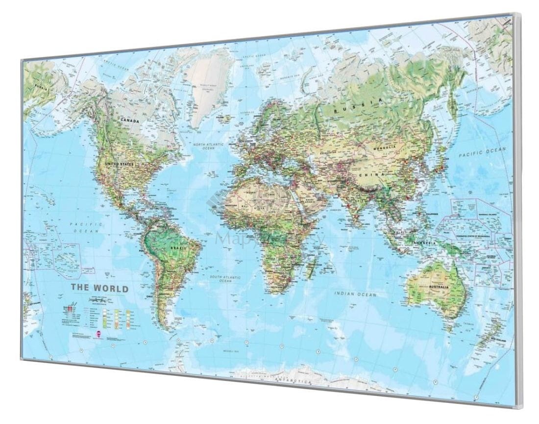 Świat 1:30 000 000. Mapa fizyczna z elementami środowiska magnetyczna. Rama alu SLIM