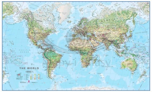 Świat 1:30 000 000. Mapa fizyczna z elementami środowiska magnetyczna. Rama alu SLIM