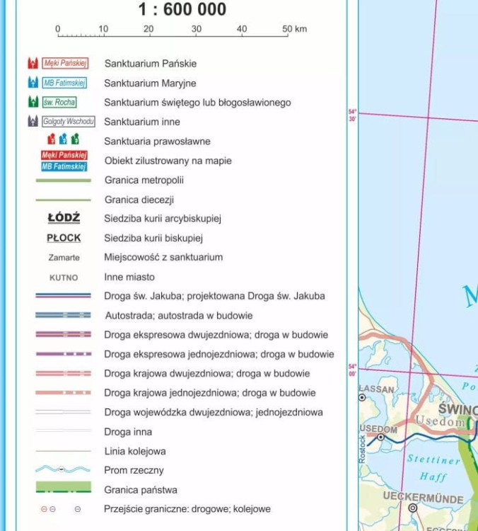 Polska 1:600 000. Mapa sanktuariów w ramie drewnianej wydawnictwa ArtGlob. Legenda