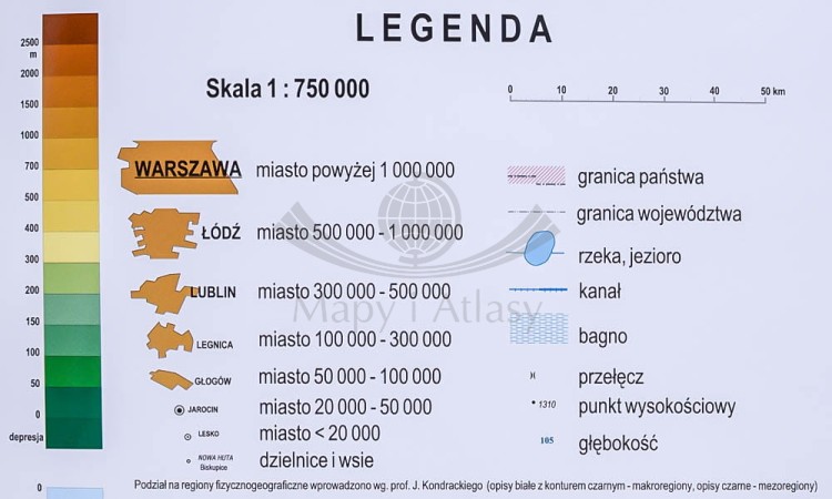 Polska 1:750 000. Mapa fizyczna magnetyczna. Rama alu SLIM. Legenda