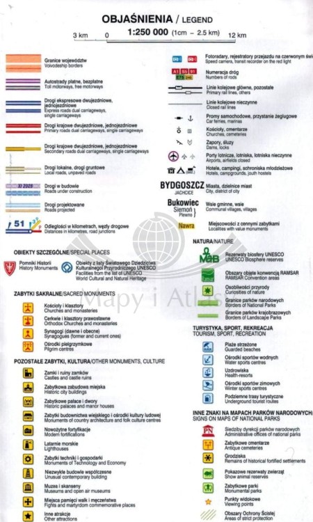 Województwo kujawsko-pomorskie. Laminowana mapa samochodowo-turystyczna wydawnictwa Demart. Legenda