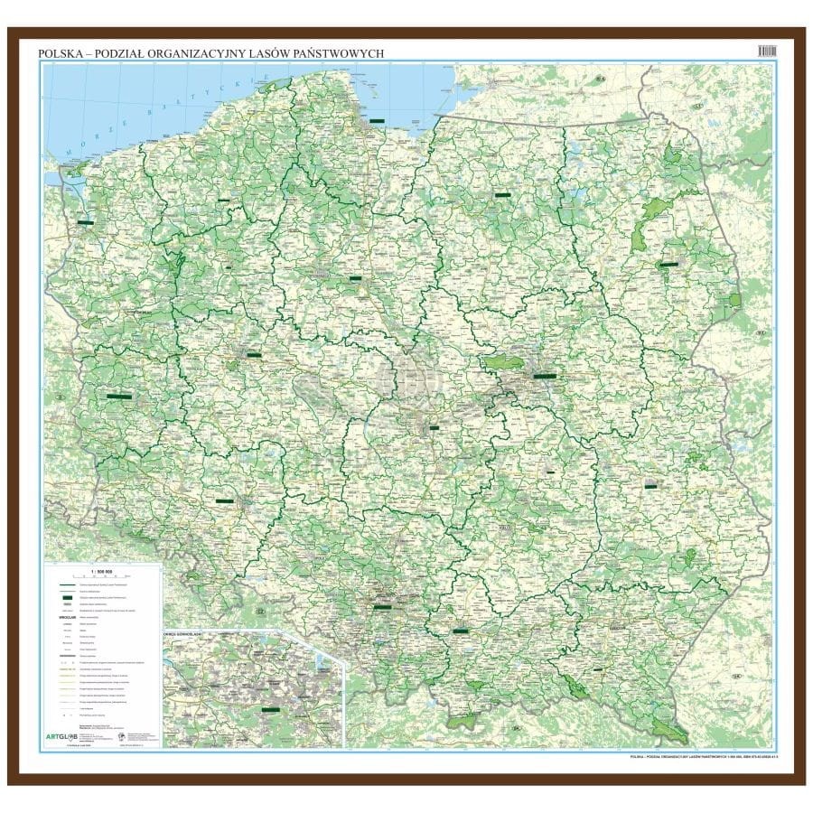 Polska 1:500 000. Podział organizacyjny lasów państwowych. Mapa w ramie drewnianej