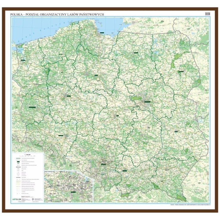 Polska 1:500 000. Podział organizacyjny lasów państwowych. Mapa w ramie drewnianej wydawnictwa ArtGlob. Cała mapa