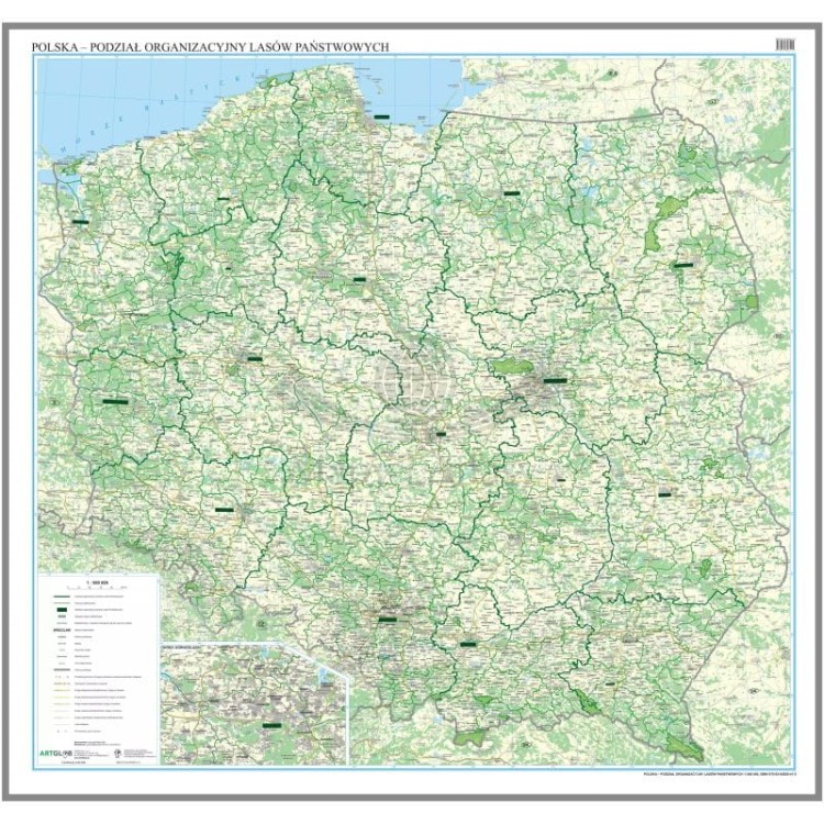 Polska 1:500 000. Podział organizacyjny lasów państwowych. Mapa. Wersja do wpinania wydawnictwa ArtGlob. Cała mapa