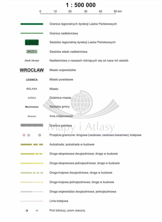 Polska 1:500 000. Podział organizacyjny lasów państwowych. Mapa. Wersja do wpinania wydawnictwa ArtGlob. Legenda