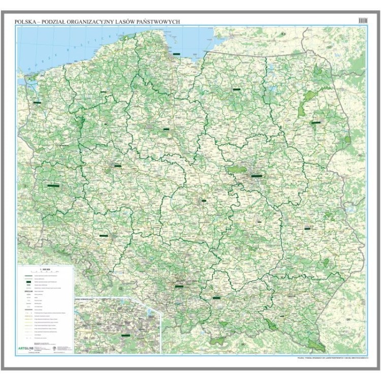 Polska 1:500 000. Podział organizacyjny lasów państwowych. Mapa. Wersja magnetyczna wydawnictwa ArtGlob. Cała mapa