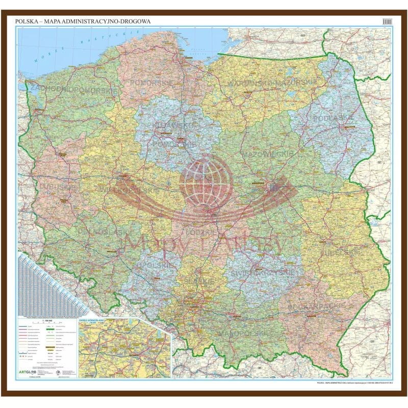 Polska 1:500 000. Mapa administracyjno-drogowa (tablice rejestracyjne) w ramie drewnianej