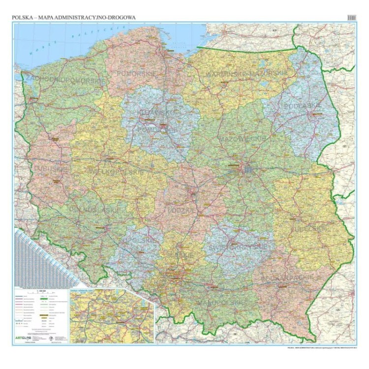 Polska 1:500 000. Arkusz, mapa ścienna administracyjno-drogowa (tablice rejestracyjne) wydawnictwa ArtGlob. Cała mapa