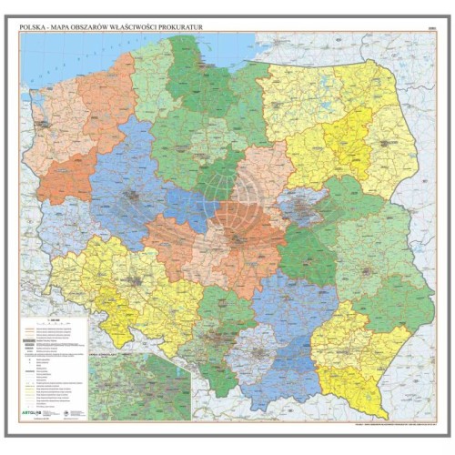 Polska 1:500 000. Mapa ścienna obszarów właściwości prokuratur. Wersja do wpinania wydawnictwa ArtGlob. Cała mapa
