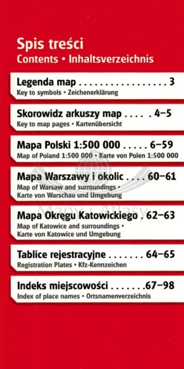 Polska 1:500 000. Atlas samochodowy wydawnictwa Gauss. Spis treści